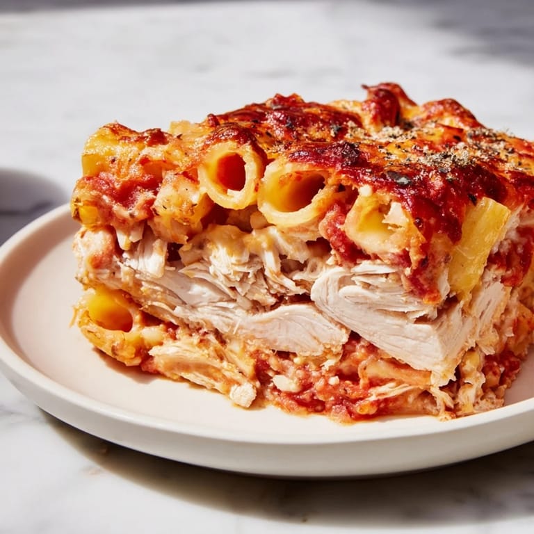 A close-up of a steaming Moist Maker Pasta Casserole, showcasing the cheese topping and moist center.
