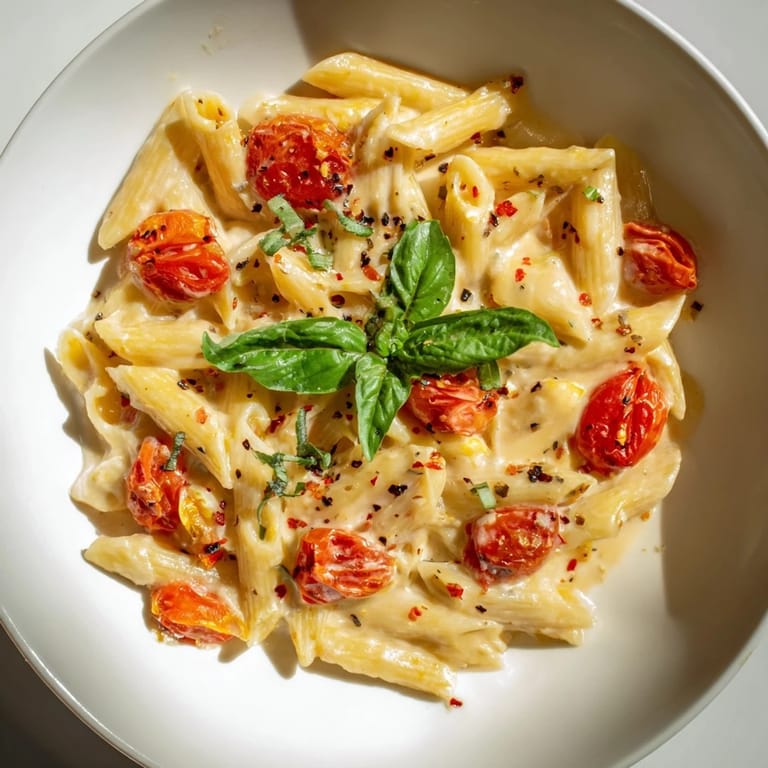 A close-up of delicious Boursin Cheese Pasta, with glistening tomatoes and creamy cheese sauce.