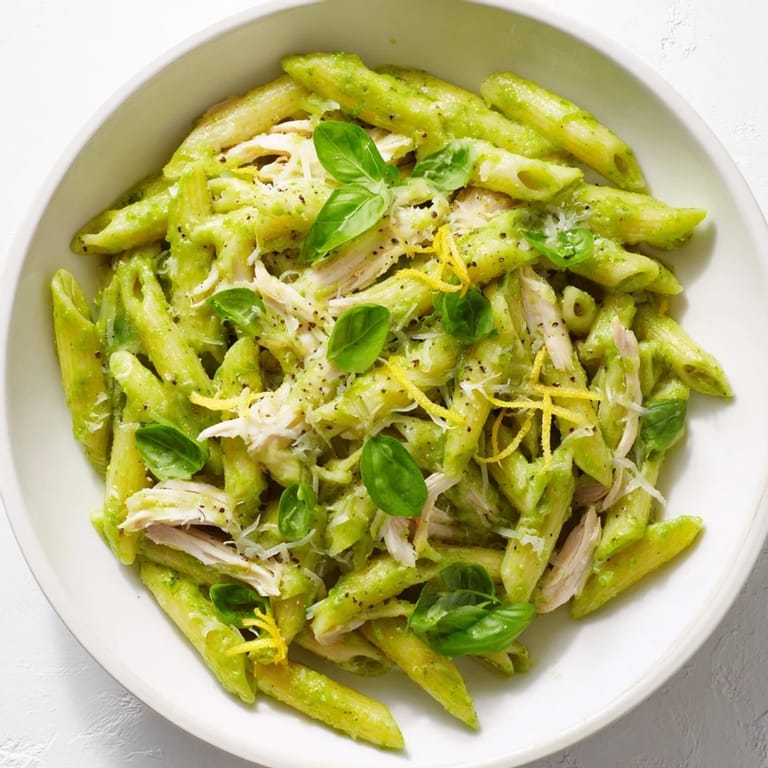 Quick and delicious 10-Minute Pesto Pasta with Chicken, perfect for a busy weeknight meal.