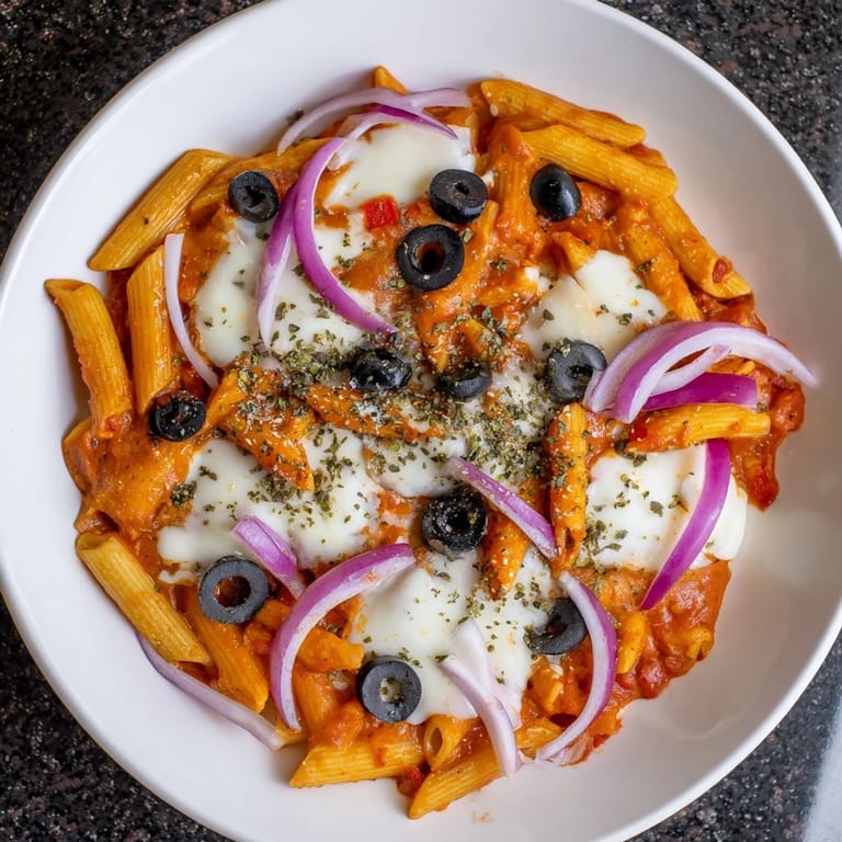 Steaming bowl of flavorful One-Pot Pizza Pasta Express, loaded with pepperoni and fresh veggies.