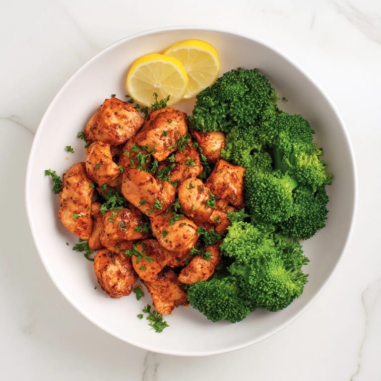 Freshly steamed microwave chicken and broccoli, a vibrant, low-carb dish, garnished with parsley.