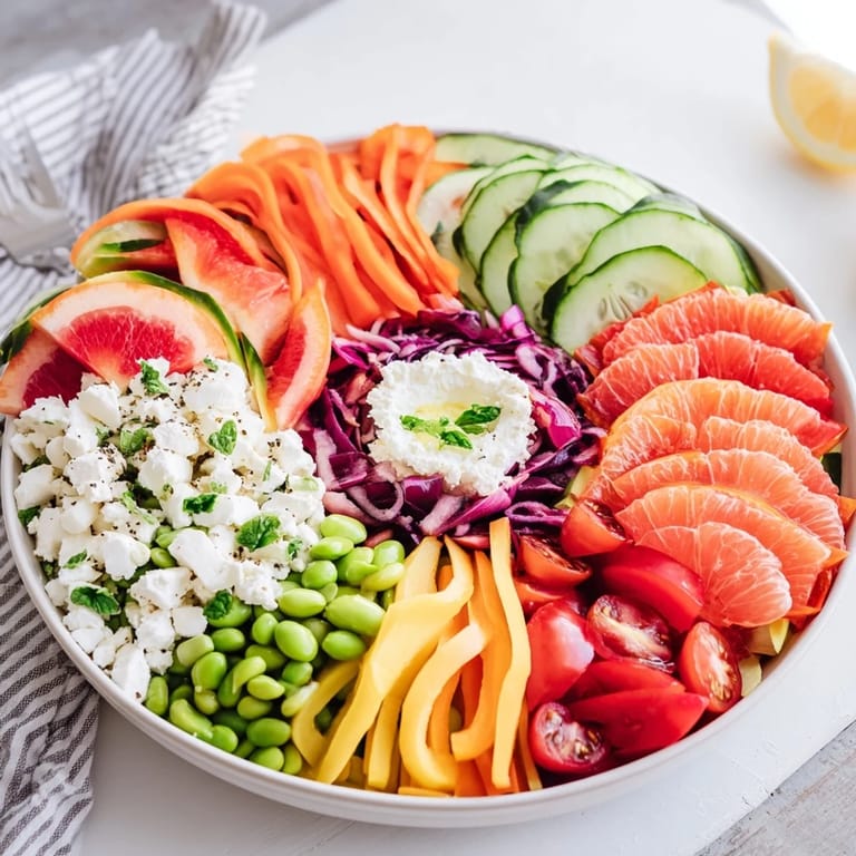 A beautiful, colorful The Prism Burst salad explodes with fresh flavors and textures on a platter.