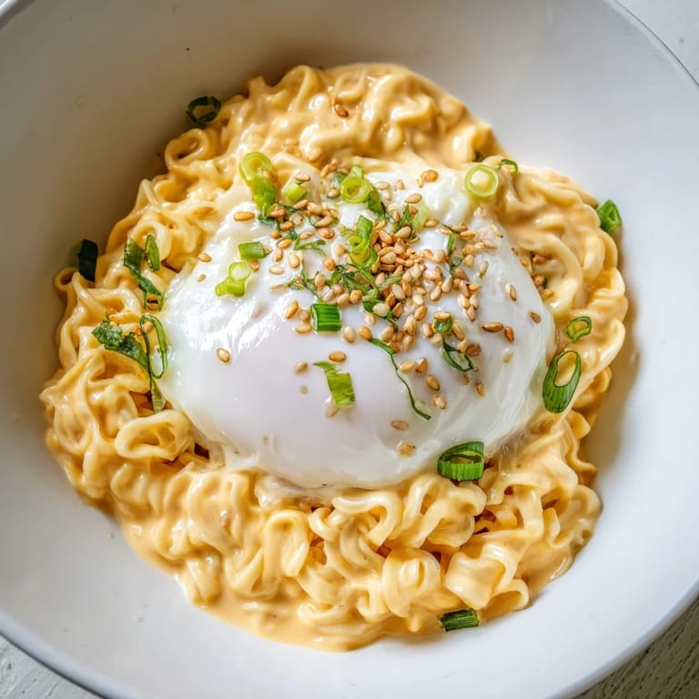 A steaming bowl of Instant Cheese Ramen, topped with green onions and sesame seeds for flavor.