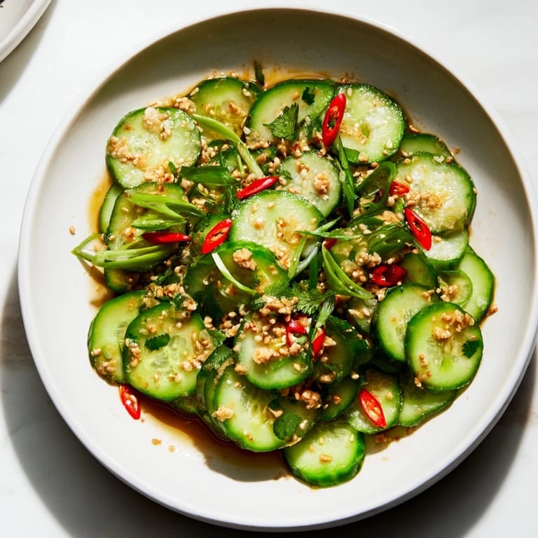 Close-up of the Tangy Shaken Asian-Style Cucumber Salad, showing crisp cucumbers coated in flavorful dressing.