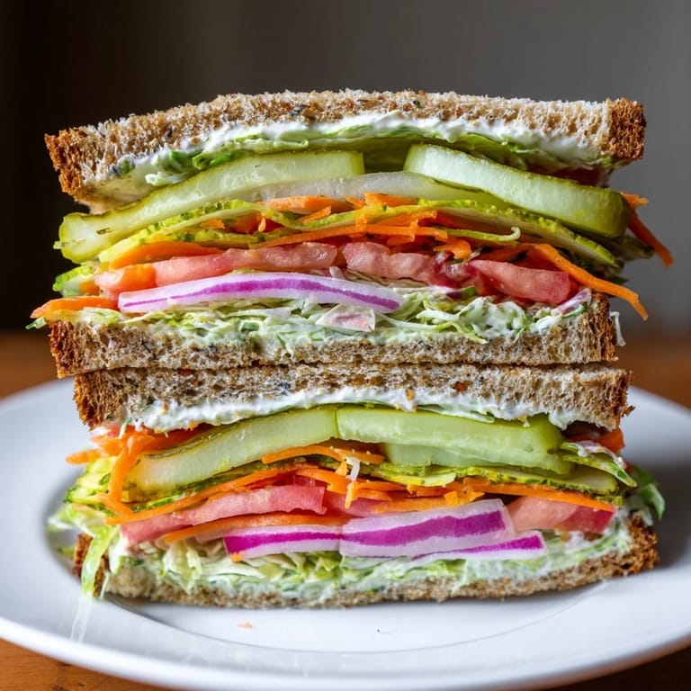 This vibrant photo illustrates a delicious, fully assembled crunchy dill pickle sandwich, ready for a flavorful bite.