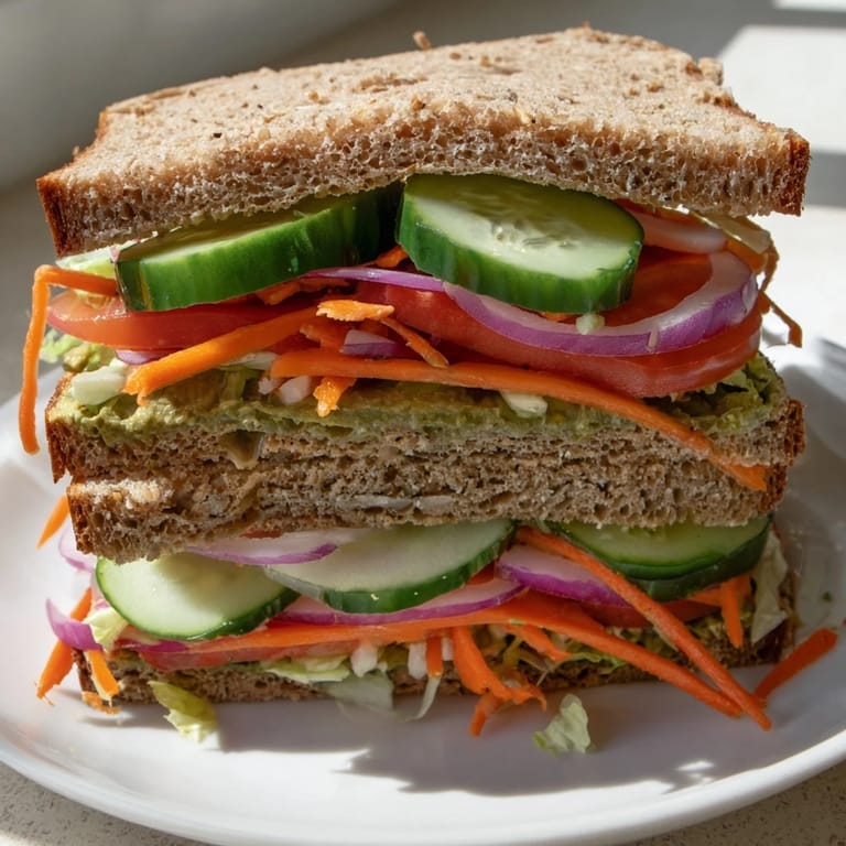 A close-up of a delightful crunchy dill pickle sandwich, showing layered fresh ingredients and textures.