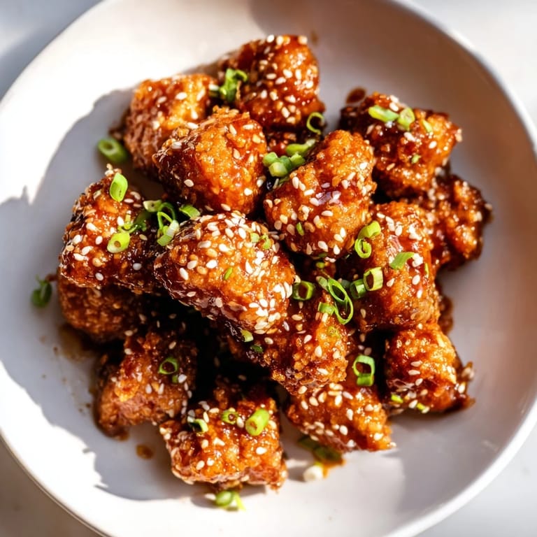 Crispy Honey-Sriracha Chicken Bites ready to serve, glistening with spicy-sweet glaze and sesame seeds.