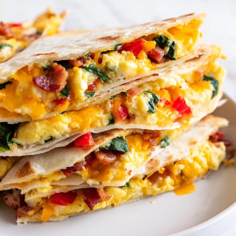 A close-up image portrays the delicious, folded Breakfast Quesadilla ready to be devoured.