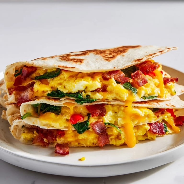 Warm, cheesy Breakfast Quesadilla, with optional savory bacon and fresh vegetables folded inside.