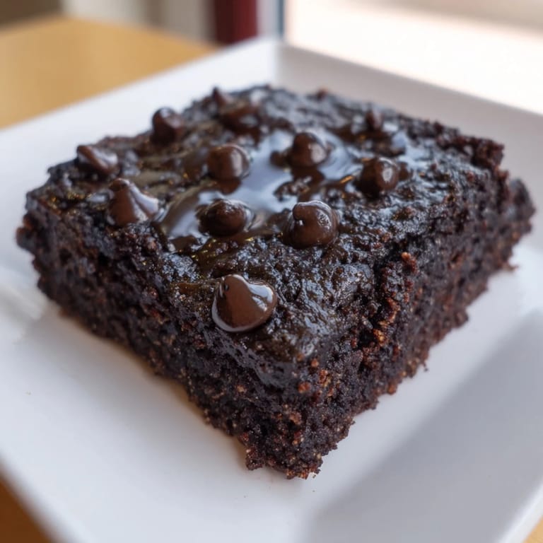 Close-up of baked Greek yogurt brownies with visible chocolate chips, a delicious dessert.