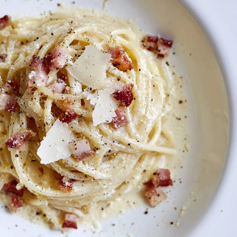 Freshly made Express Spaghetti Carbonara, garnished with extra Parmesan and cracked black pepper, ready to eat.