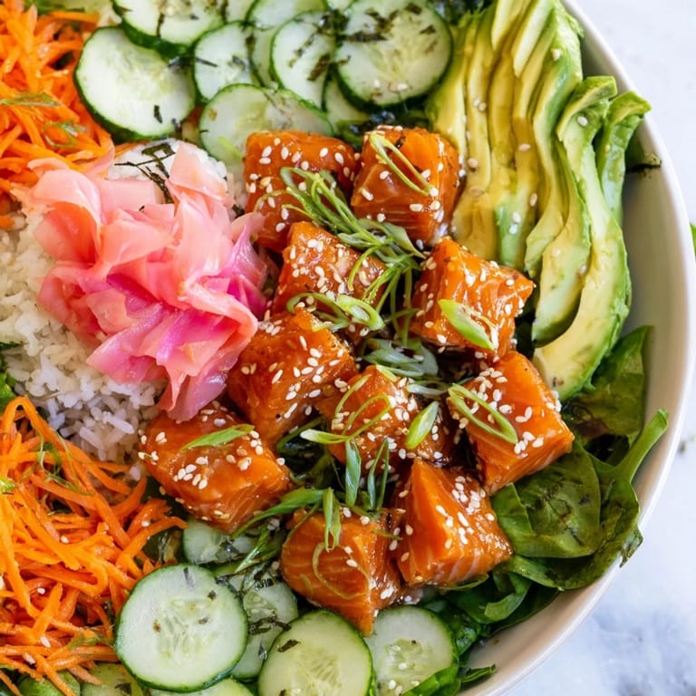 Enjoy a refreshing poke bowl salad with salmon or tuna, sesame seeds, and a tasty ginger marinade.