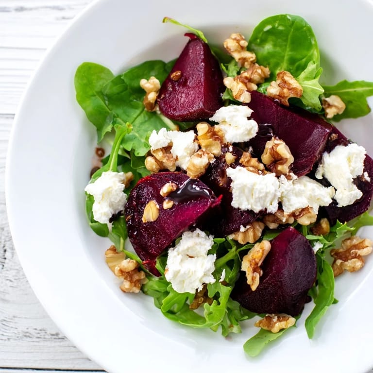 A colorful Beet and Goat Cheese Salad, drizzled with tangy balsamic vinaigrette, ready to enjoy.