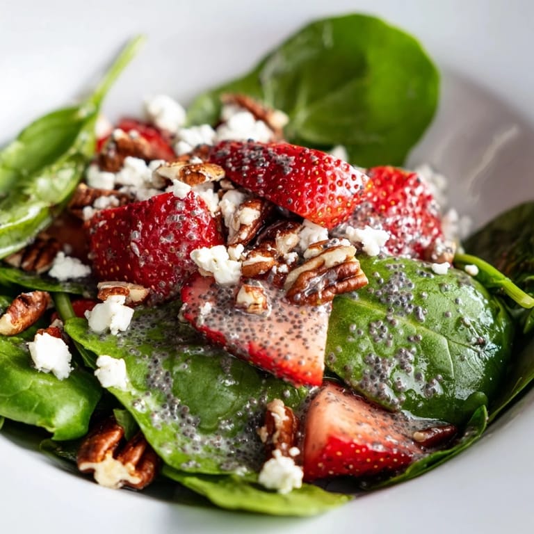 Beautifully plated spinach strawberry salad with feta and a sweet poppy seed dressing, ready to enjoy.