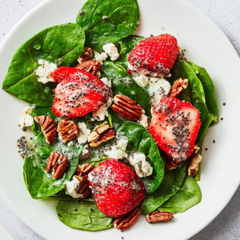 A close-up view of the fresh spinach strawberry salad, perfect for a light summer meal.