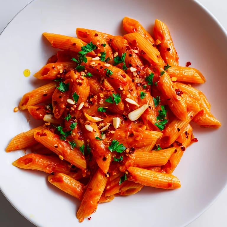 Close-up of a bowl of penne all'arrabbiata; the spicy tomato sauce clings perfectly to the pasta.