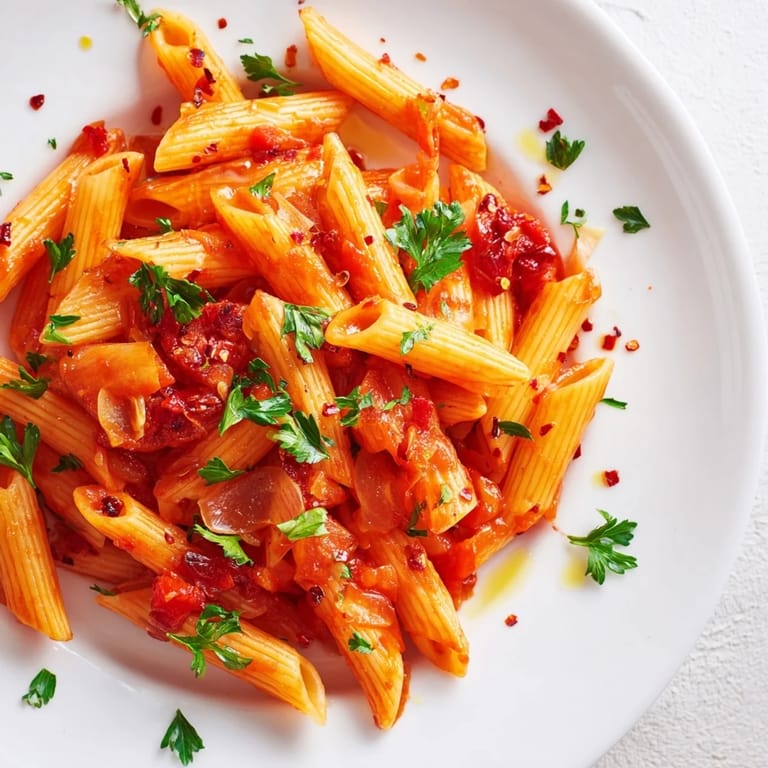 A generous serving of penne all'arrabbiata, showcasing the rich colors and tantalizing aroma.