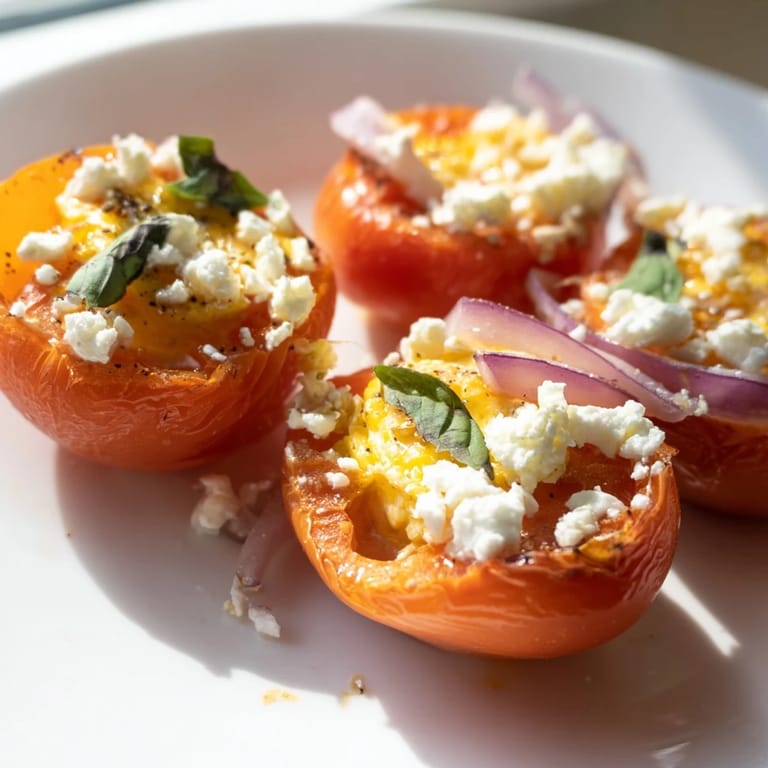 Golden baked eggs nestled among roasted tomatoes and feta, inviting you to enjoy this Tomato Feta Baked Eggs recipe.