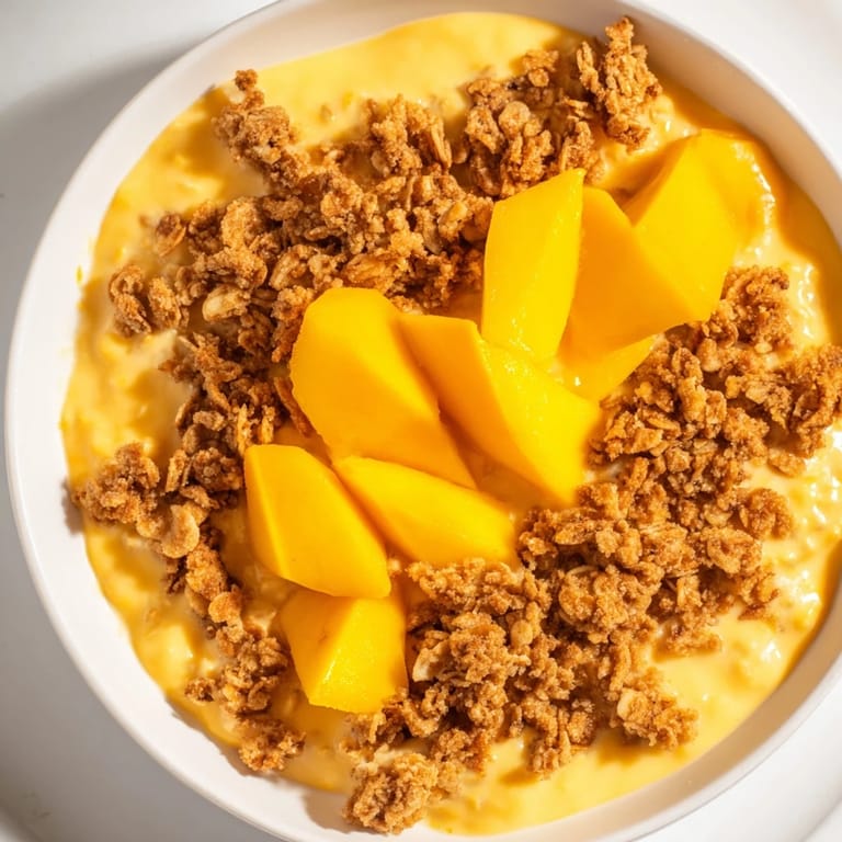 Smooth, blended mango overnight oats in a jar, showcasing a refreshing breakfast or snack, ready to eat.