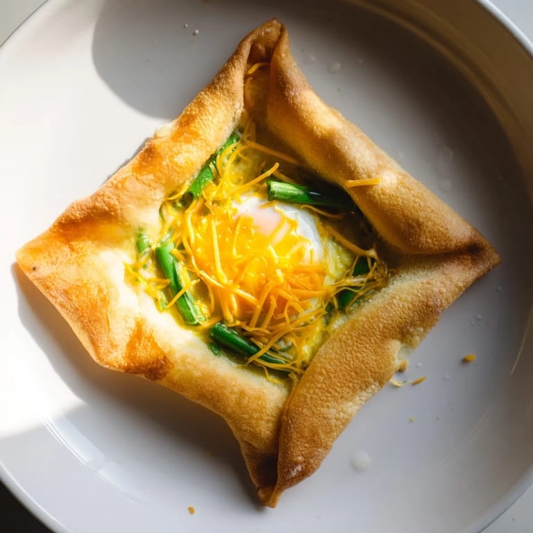 Enjoy a warm and crispy Rice Paper Egg & Cheese Fold, perfect alongside sriracha for spice.