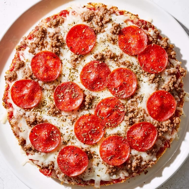 This flavorful Meat Pizza Pepperoni Stack features bubbly mozzarella and a hearty, savory ground beef crust.