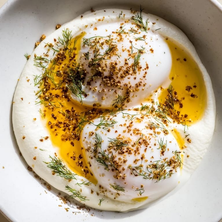 A close-up view of Cilbir, showcasing runny egg yolks on a bed of seasoned Greek yogurt.