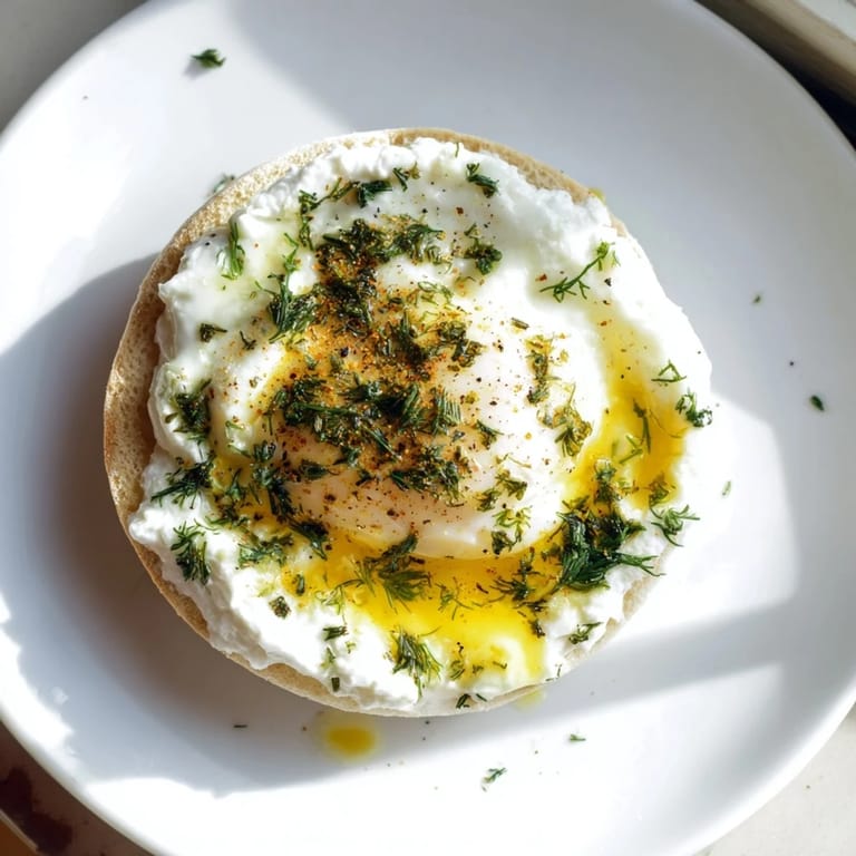 Golden yolks atop creamy yogurt in this delicious Çılbır Eggs Benedict with fresh herbs.