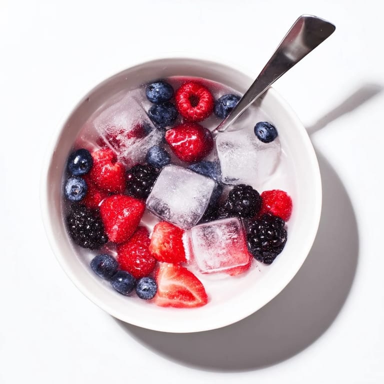 Two chilled bowls of Natures Cereal Bowl featuring mixed berries and refreshing coconut water.