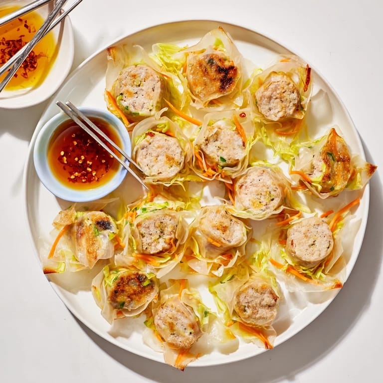 Freshly pan-fried Crispy Rice Paper Dumplings with a side of sliced scallions and chili flakes for garnish.