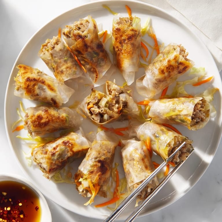 Close-up view of golden Crispy Rice Paper Dumplings served hot with a savory soy-based dipping sauce.