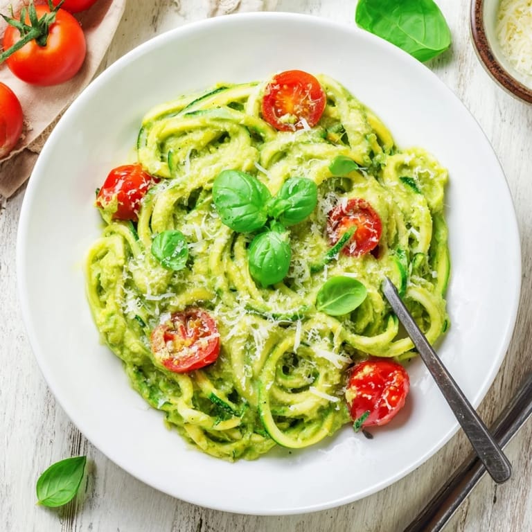 Spiralized zucchini noodles tossed with rich avocado pesto, garnished with cherry tomatoes and basil for a quick, nourishing vegetarian meal.