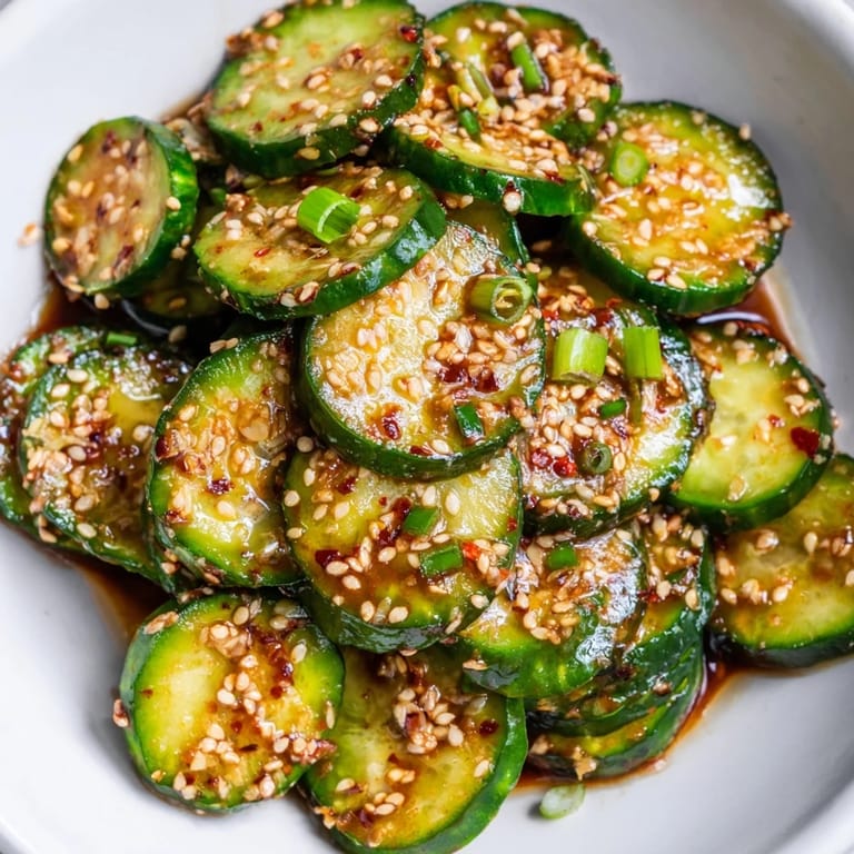 Perfect for a quick, crunchy side dish, these marinated cucumbers are served chilled with a sprinkle of sesame seeds and green onions.  