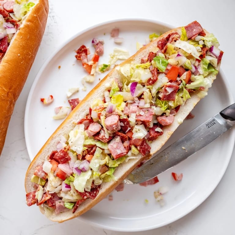 Hearty Italian Grinder Sandwich with chopped salami, pepperoni, and provolone on a toasted hoagie, drizzled with tangy dressing and pepperoncini.