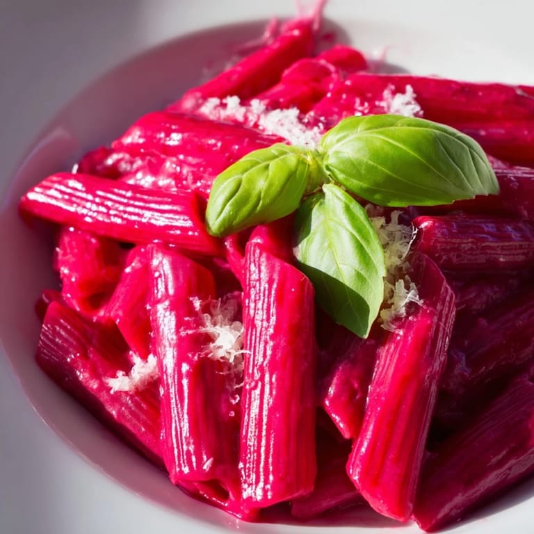 Savory pink pasta with beet cream in a skillet, ready to serve warm.