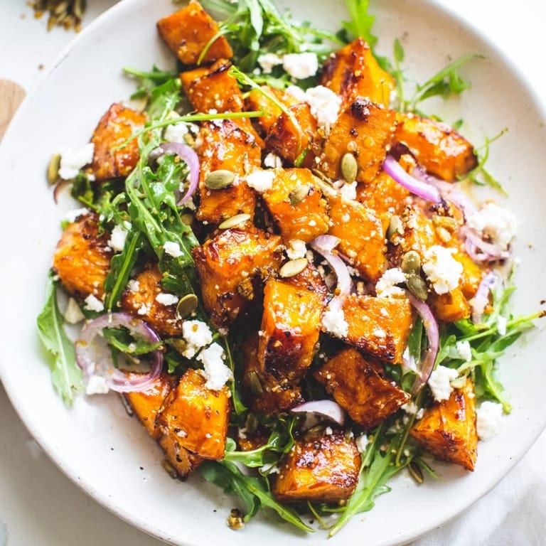 Fresh roasted sweet potato salad with sweet caramelized potatoes, peppery arugula, red onion, feta, and pepitas tossed in honey-lime dressing for a light lunch.