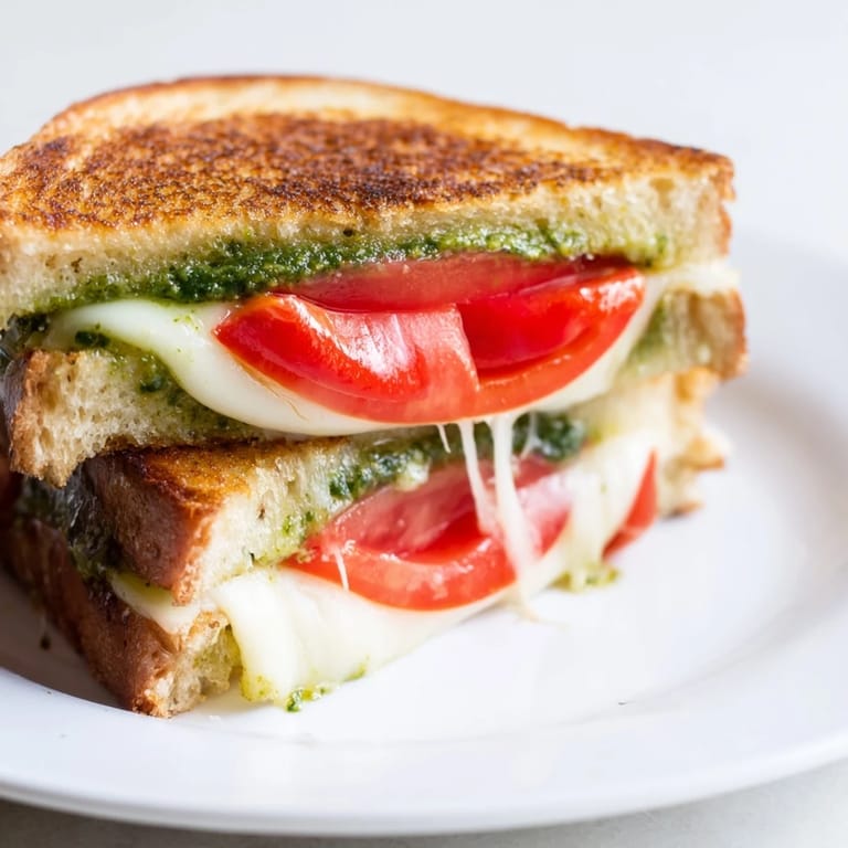A toasted Caprese Pesto Grilled Cheese on sourdough showcases fragrant basil pesto, creamy mozzarella, and vibrant red tomato slices.