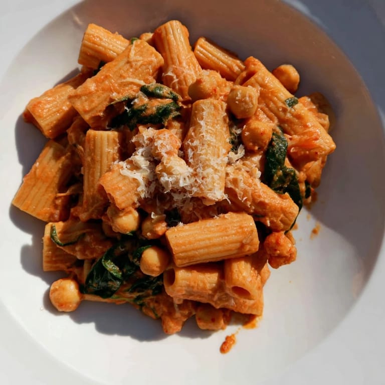 Close-up shot of Creamy Tuscan Chickpea Pasta, showing glossy sauce clinging to penne, chickpeas, and vibrant spinach for a Mediterranean-inspired main dish.