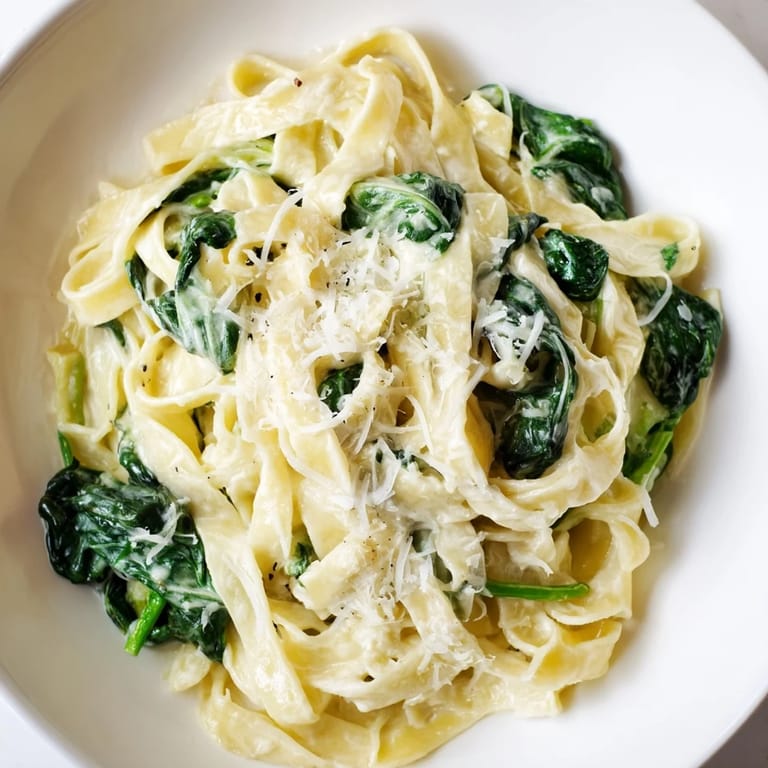 A close-up of Creamy Garlic Spinach Pasta shows garnished parsley and a forkful of saucy noodles and greens.