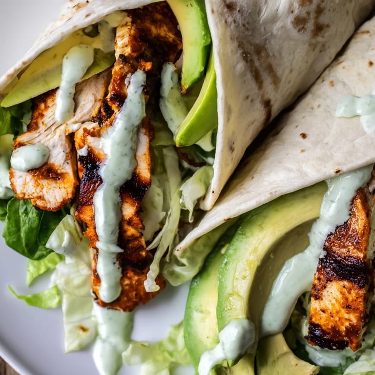 Close-up of Smoky Chipotle Chicken Wrap with a drizzle of tangy Greek yogurt sauce and a sprinkle of cilantro.  