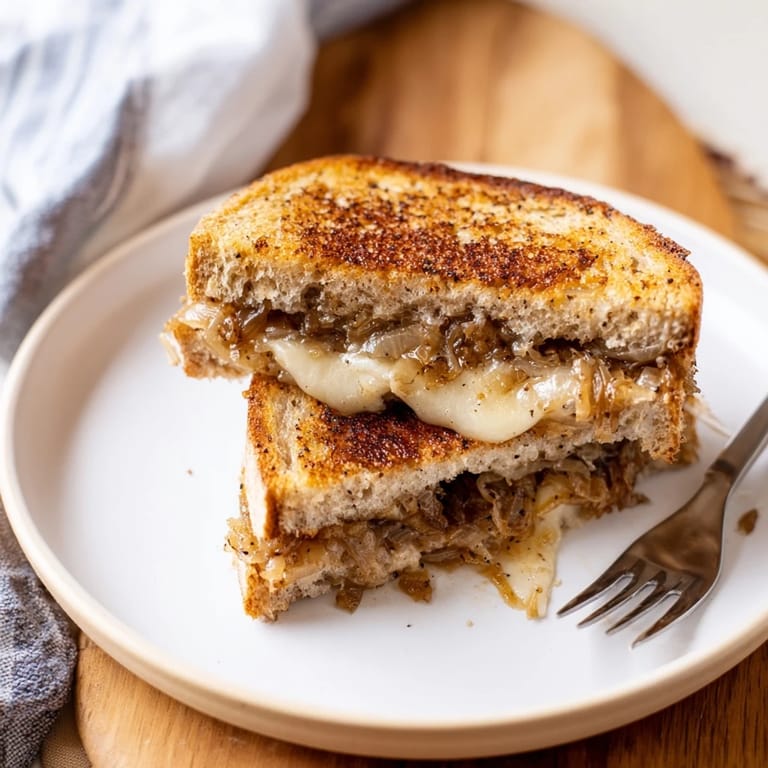 Close-up of crispy golden-brown Caramelized Onion Grilled Cheese, showing melted sharp white cheddar and sweet onions layered inside.
