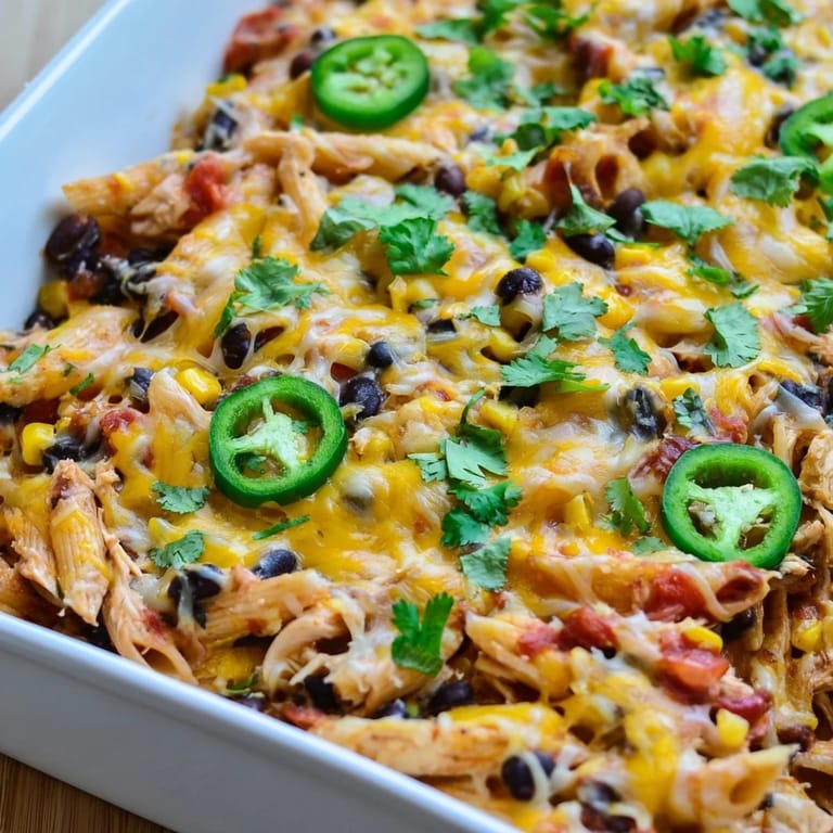 Savory Chicken Burrito Pasta Bake served in a baking dish, garnished with fresh cilantro and lime.