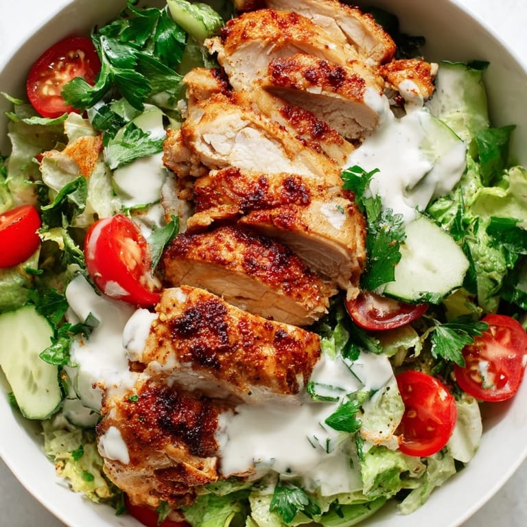 A vibrant bowl of chicken shawarma salad with colorful veggies and a zesty garlic yogurt dressing, perfect for an easy, gluten-free lunch or dinner.