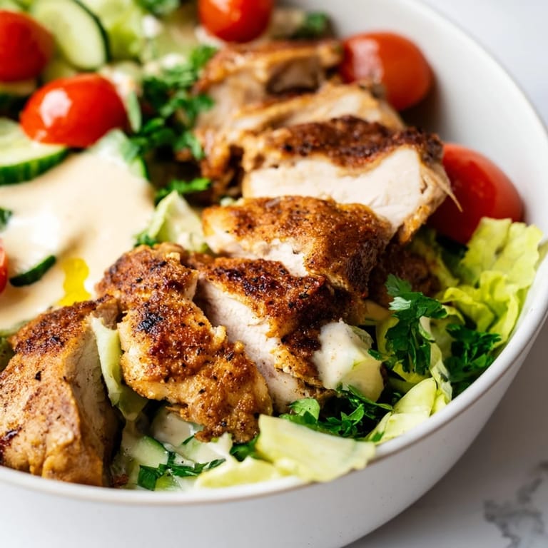 Juicy, pan-seared chicken shawarma piled over fresh salad greens, cucumbers, tomatoes, and onions, with a dollop of tangy garlic sauce ready to enjoy.