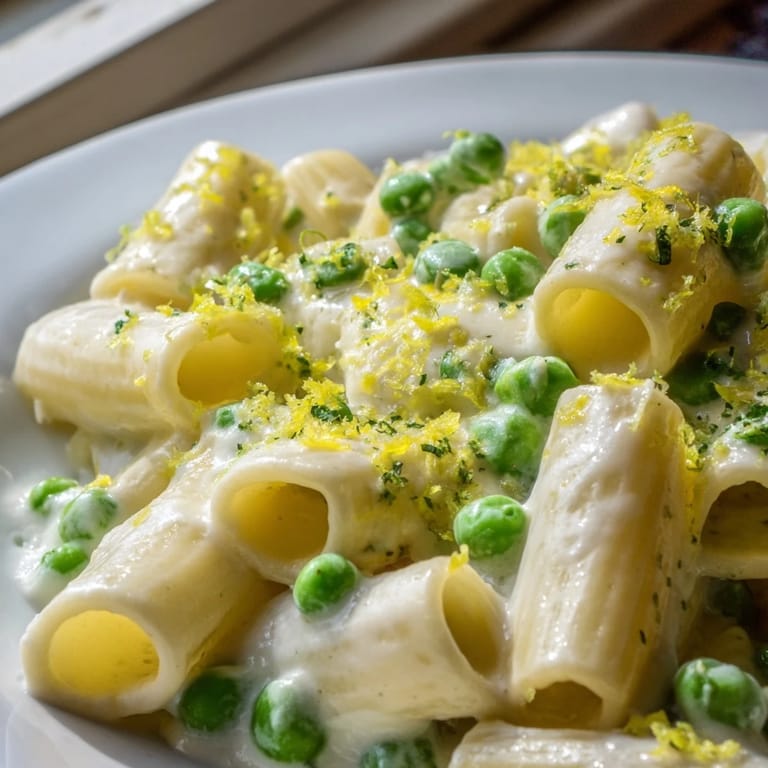 A close-up of Pea & Lemon Ricotta Pasta, highlighting tender peas and rich ricotta clinging to each al dente noodle.