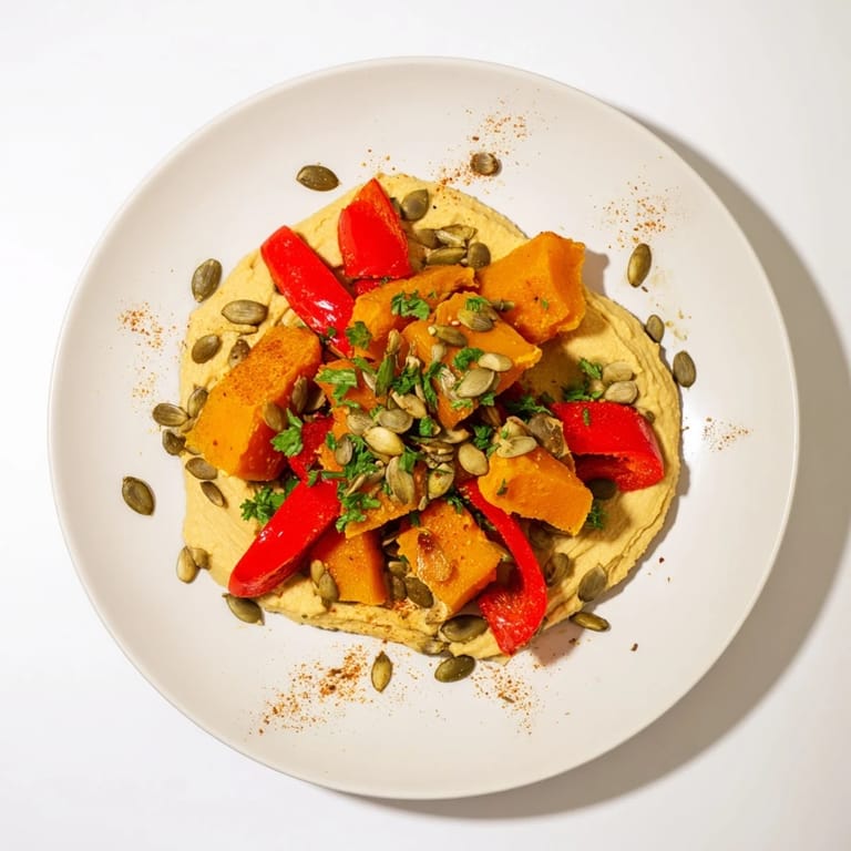 Roast Squash and Hummus Winter Salad served as a hearty vegetarian main dish, with creamy hummus spread beneath colorful roasted vegetables.