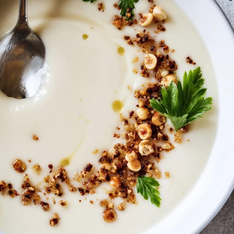 Silky smooth celeriac soup garnished with golden hazelnut crumble, inviting a warm, nutty bite paired with crusty bread or a crisp salad.