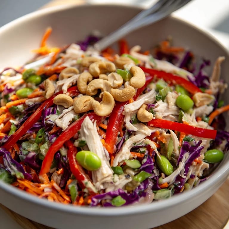Overhead view of Edamame Crunch Chicken Salad garnished with roasted cashews, toasted sesame seeds, and sliced red bell pepper.