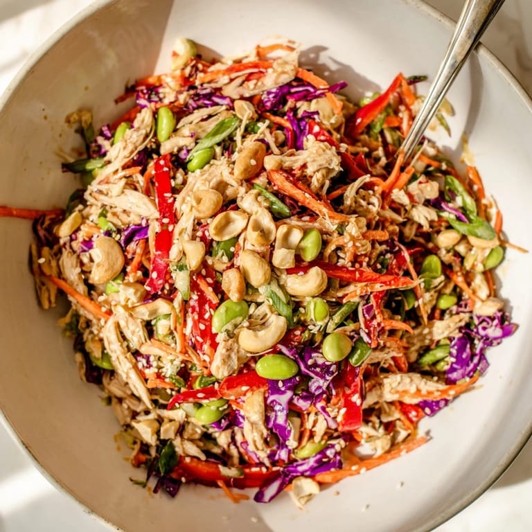 Serving suggestion for Edamame Crunch Chicken Salad in a white bowl with fresh lime wedges and herbs nearby.