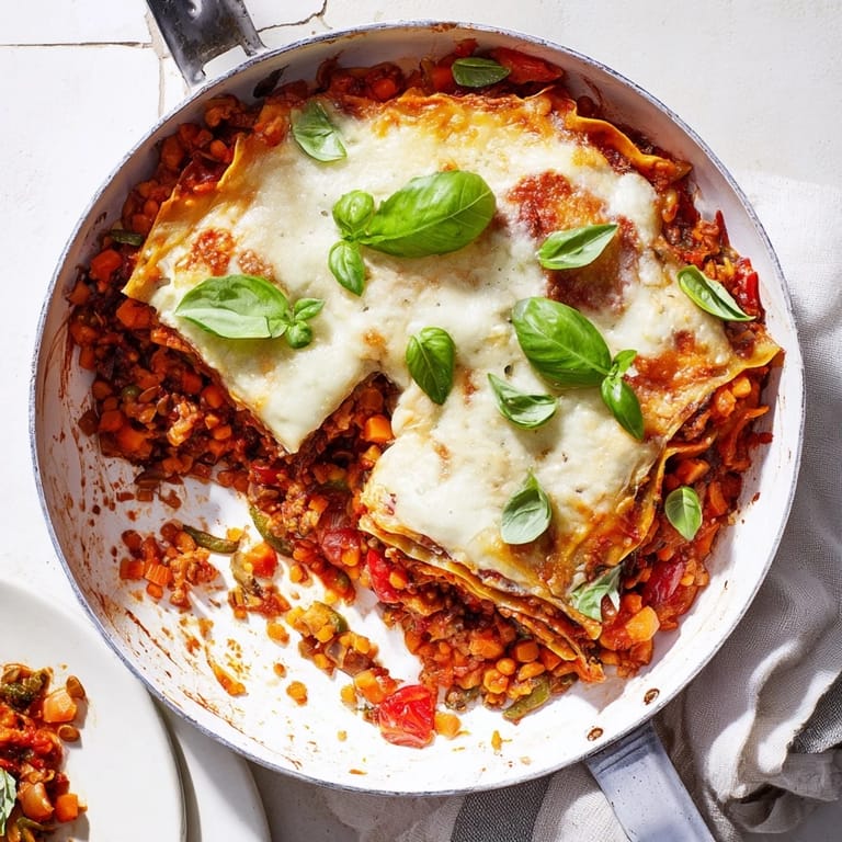 Slices of One-Pan Smoky Veggie Lentil Lasagne reveal layers of red lentils, mushrooms, and béchamel sauce.