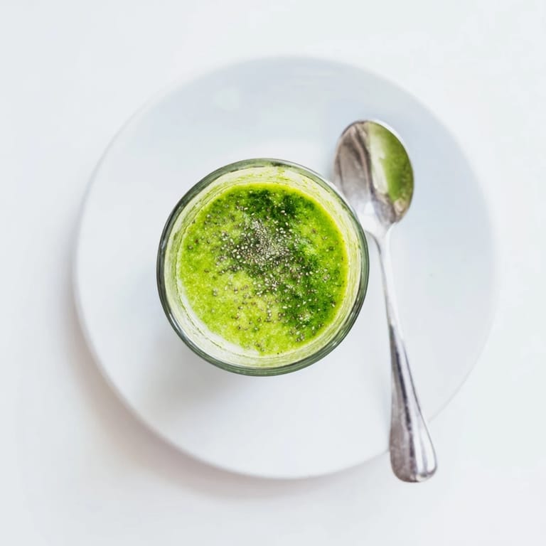 Tall glass of green detox smoothie beside fresh mint and lemon wedges, garnished with chia seeds for a refreshing, nutrient-rich beverage.
